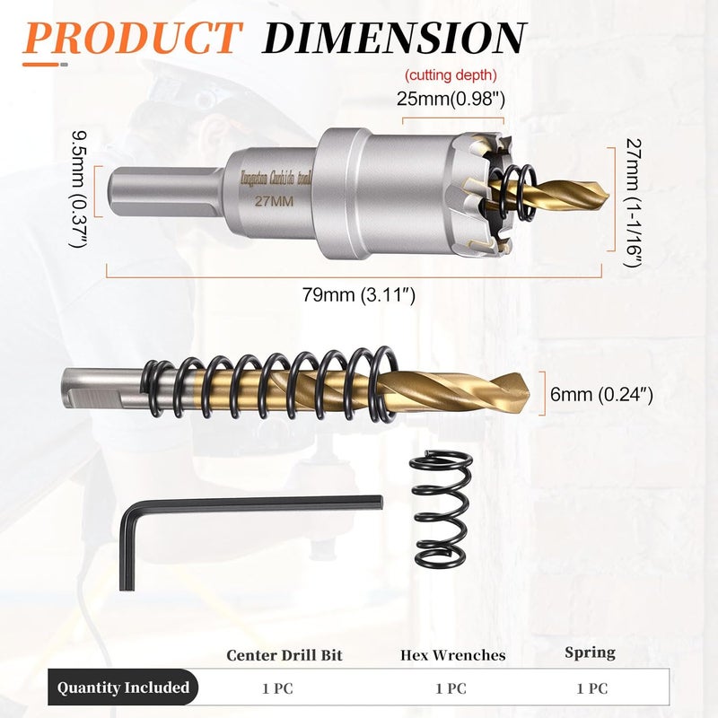 METALLIXITY Hole Saw 27mm (1-1/16"), Heavy Duty Tungsten Carbide with Center Drill Bit Hex Key Spring - Hole Cutters for Thick Stainless Steel Steel Metal Plates. Silver - Image 2